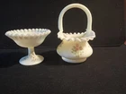 Vintage Fenton Art Glass - Vaseline Uranium Opalescent Basket and Dish Signed