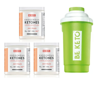 BE KETO Exogene Ketone BHB Saftiger Pfirsich keto 150g 3er Bundle + Shaker
