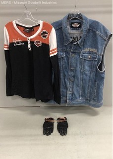 Harley Davidson 3 Piece Bundle Denim Vest 2XL Henley Shirt M Leather Gloves XS