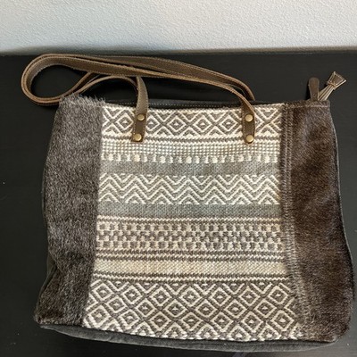 Myra Bag Tote Purse Cowhide Chevron Canvas Leather Straps Boho Western Travel