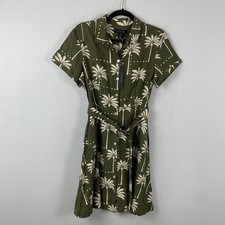 Tahari Linen Blend Shirt Dress Size Small Green Palm Print Belted Short Sleeve