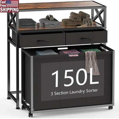 150L Laundry Sorter W/ Shelf Portable Hamper Durable Removable Bags Easy Carry