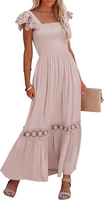 Ferlema Womens Summer Boho Lace Strap Sleeveless Square Neck Medium, A-pink 