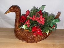 Vintage Duck Goose Shaped Wicker Basket Carved Wood Beak Boho w Christmas Floral
