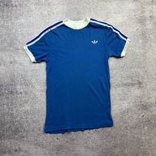 Vintage 1970s Adidas Trefoil Three  Stripe Ringer Tee Blue w/ White Trim Men