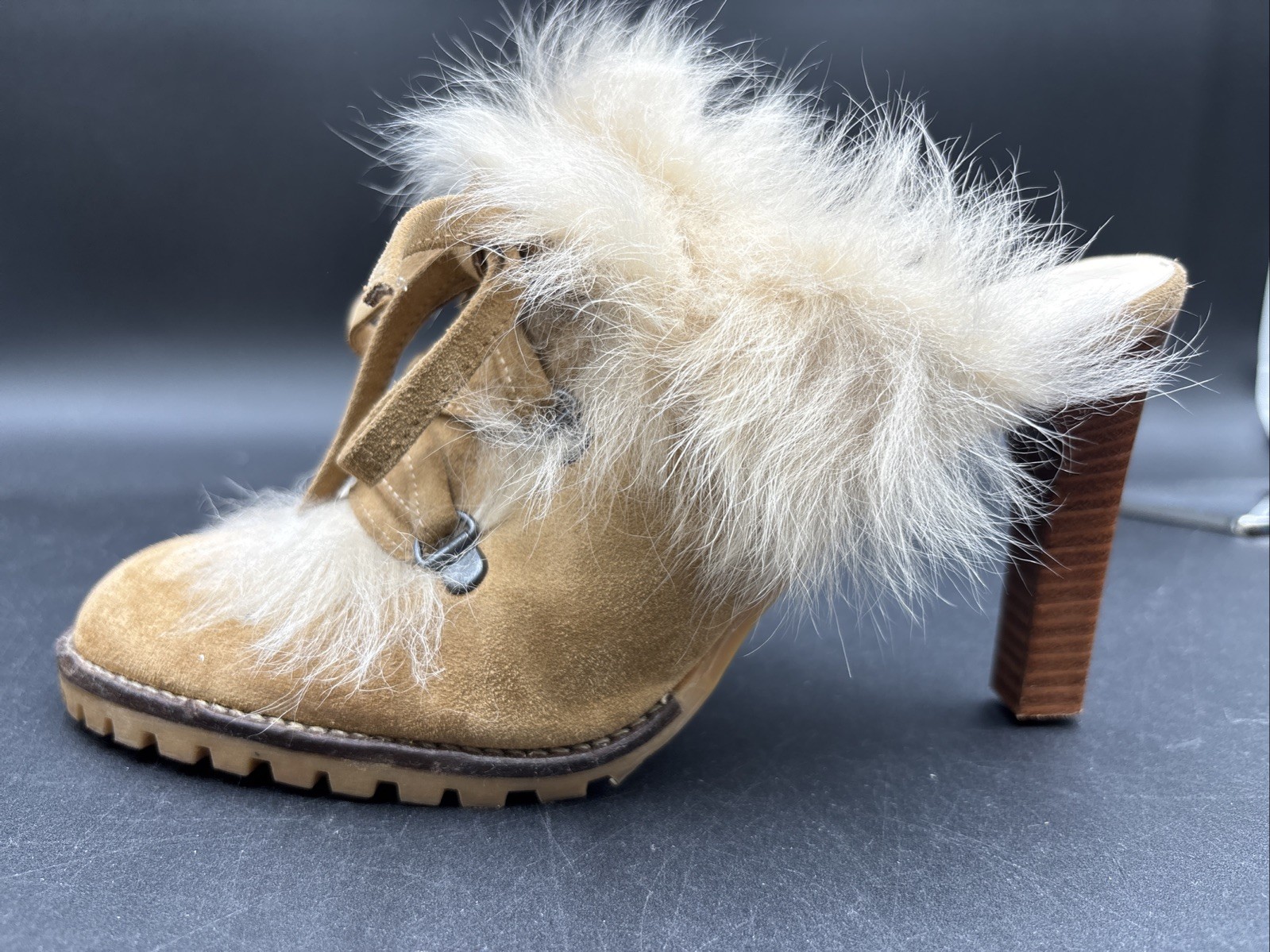 Coach Mules Tan Kristy Heels Suede Faux Fur Lace Up Size 6.5B 0112-46