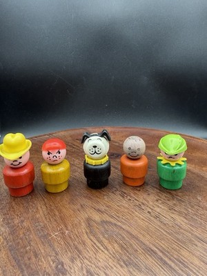 Rare Vintage Little People Wooden Cowboy Dog Robin Hood Mean Boy Bald Boy