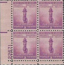 Plate Block of 4 stamps - Scott 901 - 3 cent - For Defense - 1940 - MNH