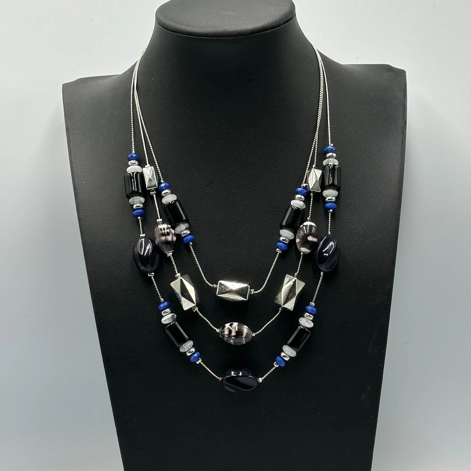 "Collar colección NY multi hilos tono plata negro azul cuentas en capas 20""" Foto 4 de 4