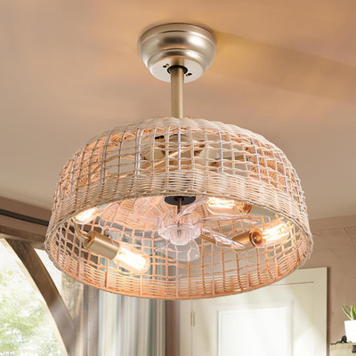 Boho Wicker Ceiling Fan with Lights, Remote Control, 6 Speeds, 18.9In