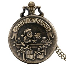 Steampunk Bronze Quartz Pocket Watch Santa Claus Necklace Chain Christmas Gifts