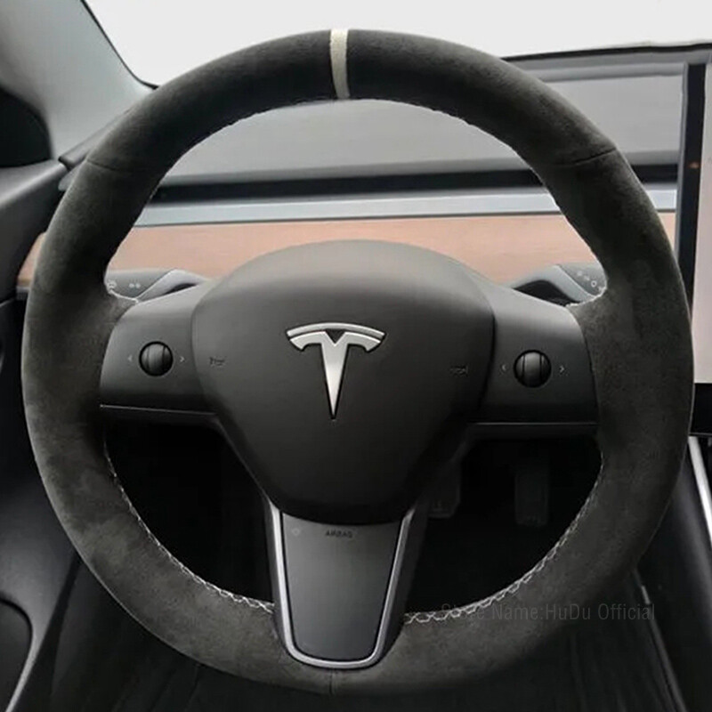 Suede Steering Wheel Cover For Tesla Model 3 Y White Mark Car Accessories