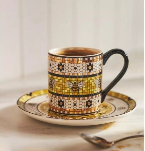 Anthropologie Bistro Tile Stoneware Espresso Cup Saucer Set of 4 Garden Bee Gold