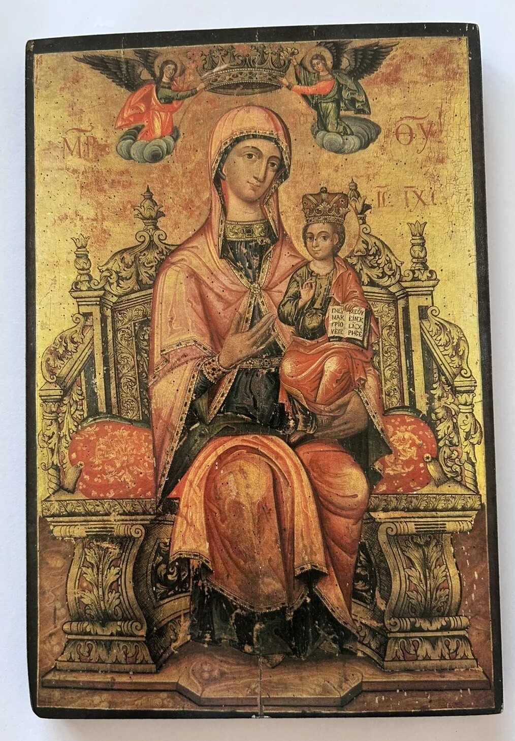 Ikone Holz Thronende Gottesmutter Griechisch ca 25 x 17 cm