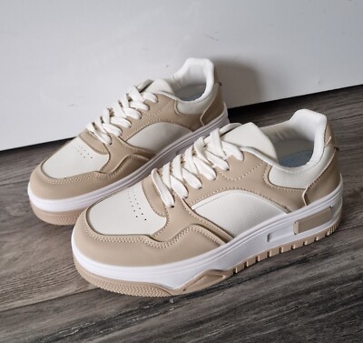 Womens White Beige Lace Up Flat Comfy Trainers Fitness Platform