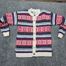 Rei Cardigan Women M Vintage Wool Fair Isle Snowflake Sweater Blue Red White L/S