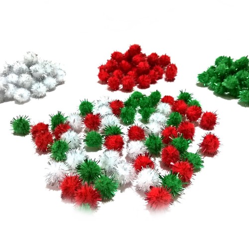 Glitter Tinsel Pom Poms 15mm Red White Green or Assorted Pompoms 50 to