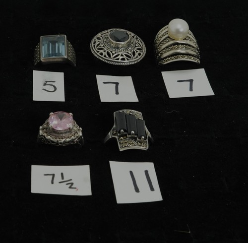 Lot of 5 Sterling Silver Chunky Faceted Colored Gem & Glass Rings, Size 5 - 11 - Picture 10 of 10