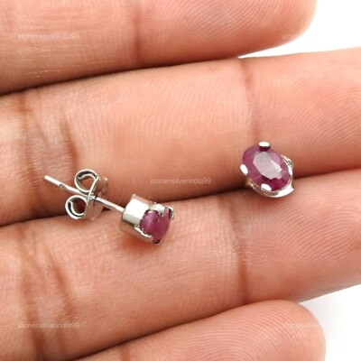 July Ruby Stone 925 Sterling Silver Bezel Stud Post Anniversary Elegant Earrings