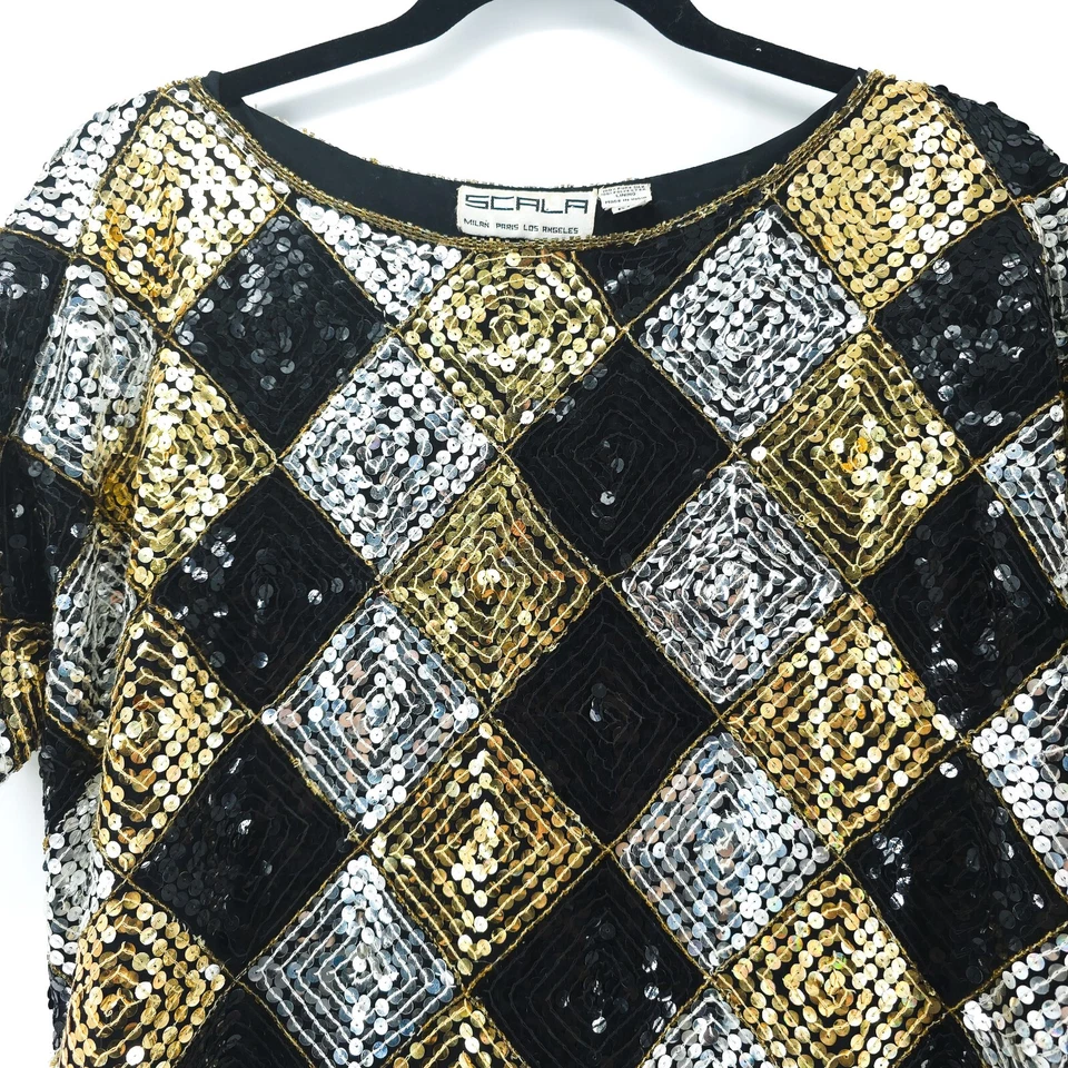 Blusa de seda vintage Scala lantejoulas arlequim gola frisada e bainha manga curta PL - Imagem 3 de 4