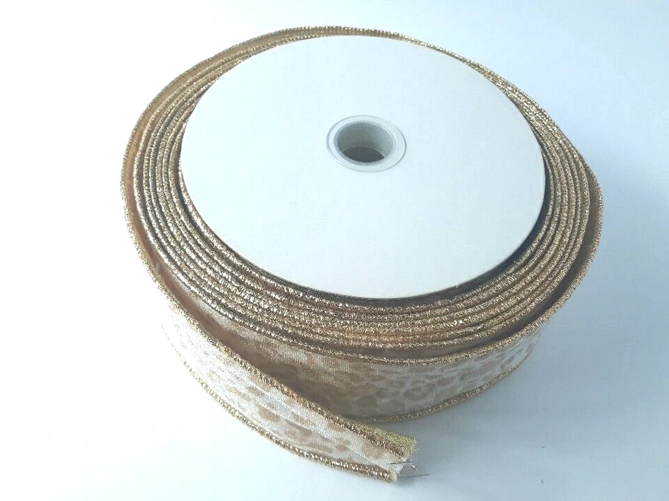 Metallic Ribbon Leopard Print Gold Toned Wired Spool Christmas Wide Vtg Taiwan - Image 2 of 4