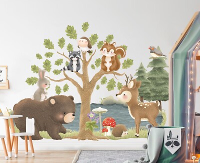Baby Forest animals Bear Fawn Squirrel Tree River Removable Wall Decal Sticker