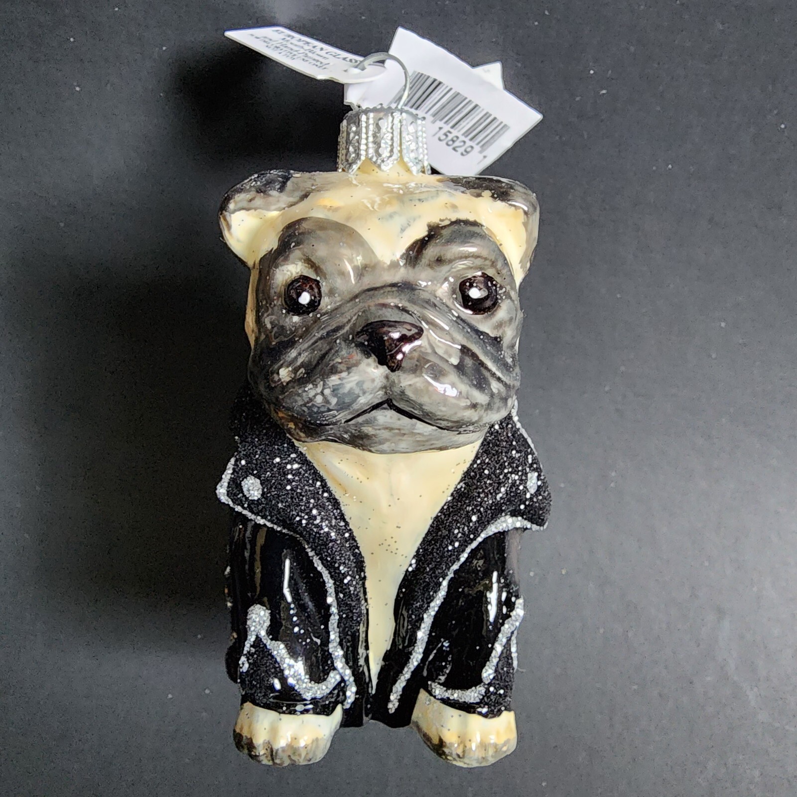 Pug Dog Fawn Ornament Portugal Hand-Painted Blown Glass Glitter Multicolor New 