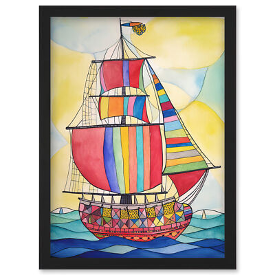 Regenbogenfarben Segelschiff moderne Volkskunst gerahmtes Wandbild Bild Druck A4