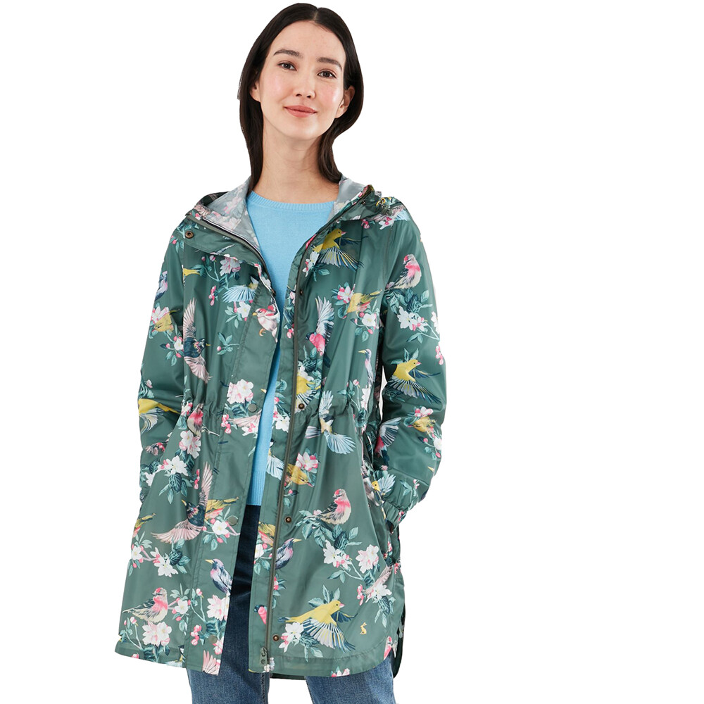 Joules Golightly Dog Print Stand Collar Long Sleeve High-Low Hooded Rain Jacket, Womens, 6, Hiking Dog