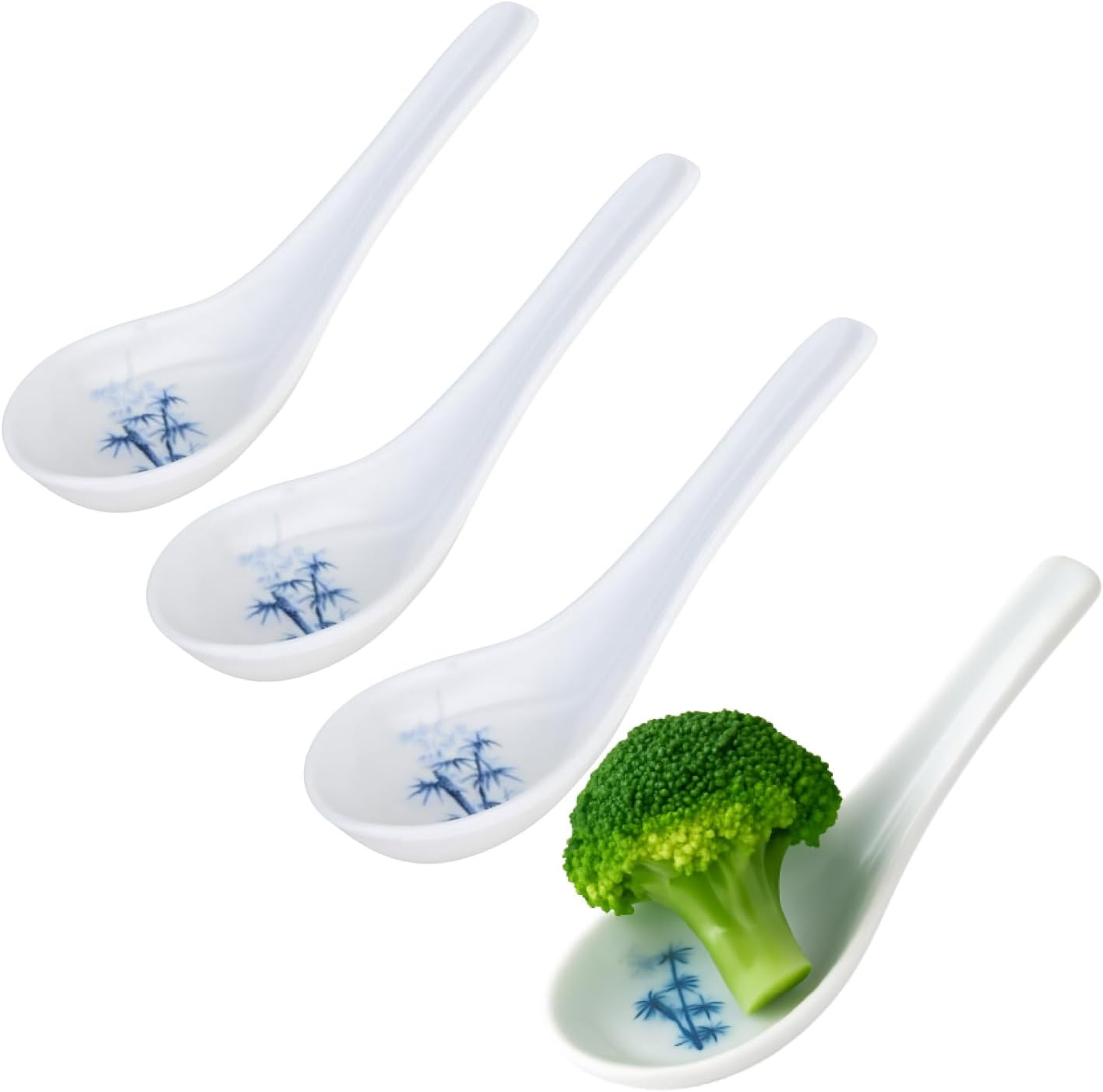 2323X4 Set of 4 White Bamboo Japanese Soup Spoons, 5 Inch Ramen Pho Wonton Miso