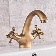 Antique Brass Dual Handles Single hole Bathroom Sink Faucet Mixer Tap Deck Mount