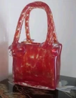 Vintage Murano Style Hand Blown Art Glass Purse Vase Red Orange Splatter 6”