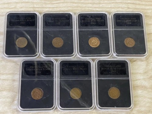 Indian Head Penny Lot Of 7, 1901-1904, 1906, 1907, 1909, Certified Uncirculated
