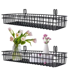 2 PCS Black Wall Mount Slatwall Baskets 15.7x5.9x2.4 Inch Grid Panel Shelf