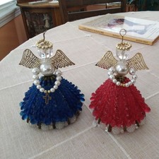 2 Vtg Handmade Beaded Safety Pin Ornaments Blue and Red with Gold and Pearl