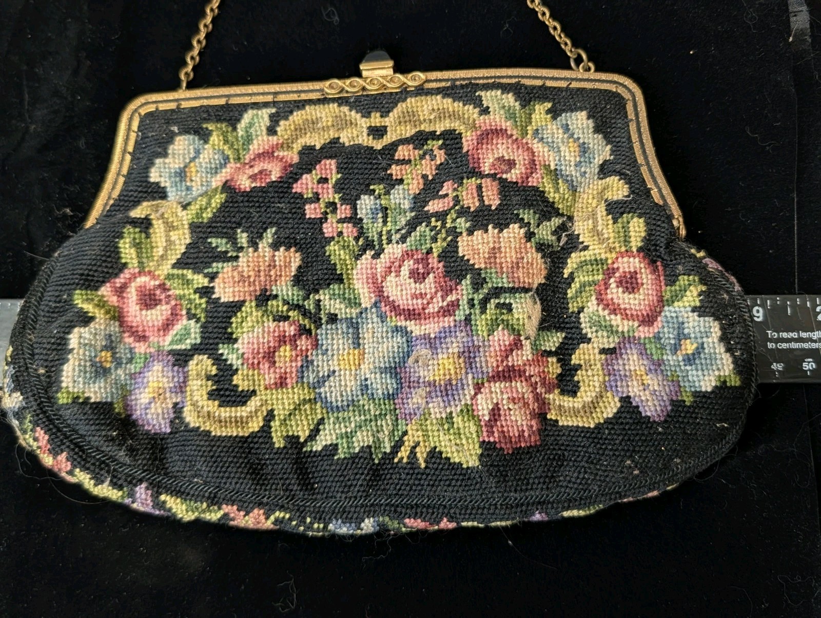 Vintage Floral Needlepoint Purse French Bag Black… - image 2