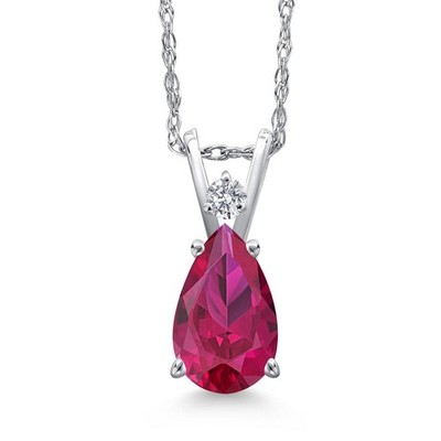 14K White Gold Created Ruby and Lab Grown Diamond Pendant Necklace for Women |