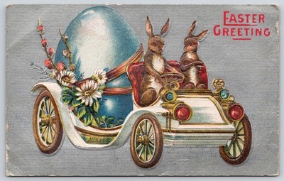 Easter Fantasy~Rabbits Drive Auto w/Giant Blue Egg~Silver~c1910 Vintage Postcard