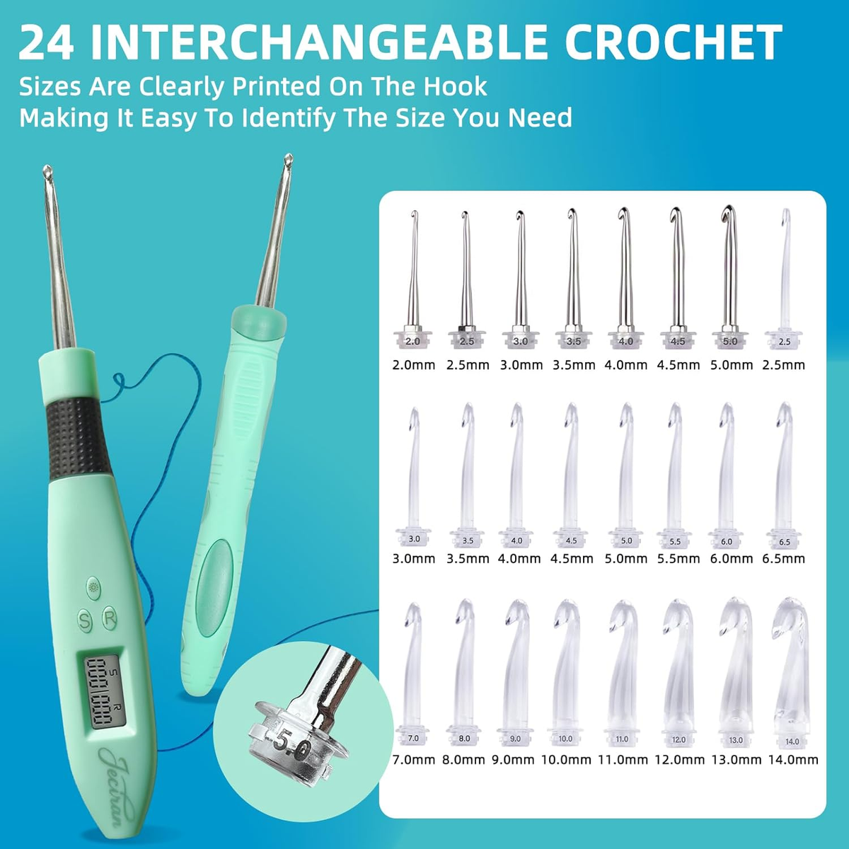 Jeciran 24 in 1 Light Up Crochet Hook Set,Lighted Crochet Hooks