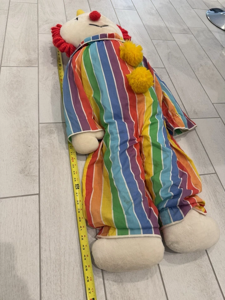 VTG Eden Toys Clown OBO Plush w Hat & Rainbow Striped Suit 80’s 45” JUMBO RARE - Image 2 of 4