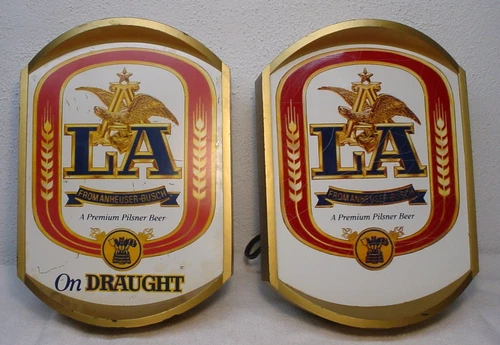 Pair of Vintage Anheuser-Busch LA BEER Lighted Bar Sign Man Cave 1984