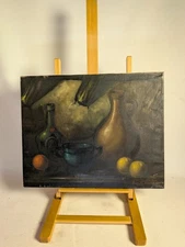 Antique dark Still Life oil painting mcm classic realism European fruits bottles