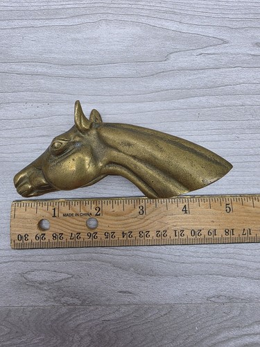 Vintage Messing Pferdekopf Büroklammer mit Feder Reitsport 5" - Bild 2 von 7