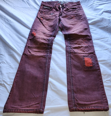 A. TIZIANO MEN'S SLIM STRAIGH DESTROYED BURGUNDY DENIM JEANS SIZE 30/ 30 IS USED