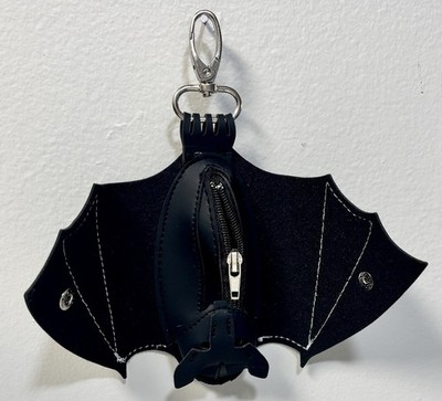 Black Leather Bat Key Case with Zipper, Snap Closure, Gothic Animal Theme