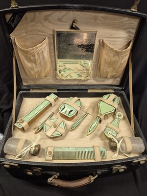 Vintage Art Deco Travel Vanity Set Green Celluloid Grooming Case Mirror Brush