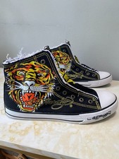 Vintage Y2K Retro Ed Hardy Tiger Men 10 Black Canvas High Top Laceless Sneakers