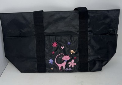 BARBIE Pink Kitty Cat Hallmark Tote Bag Black Nylon Zip Logo Charm Web Handles
