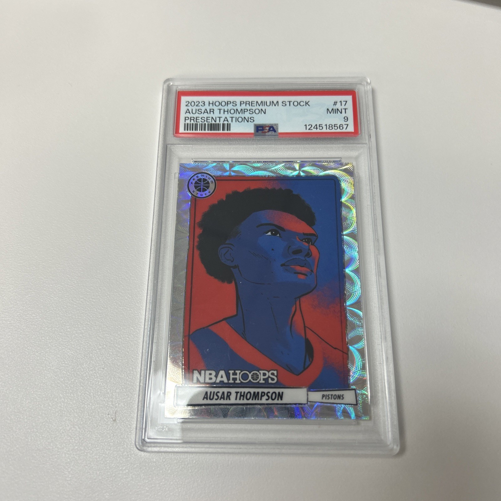 2023-24 NBA Hoops Premium Stock Ausar Thompson Presentations Prizm Rookie PSA 9
