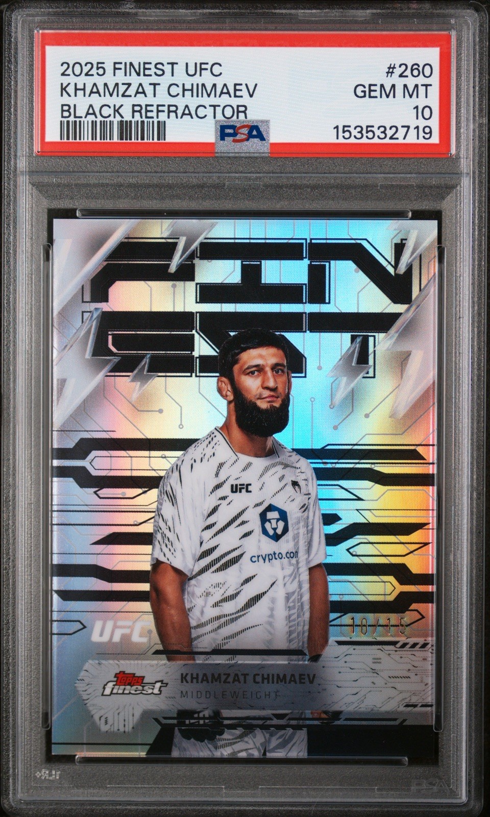 2025 Topps Finest UFC - Rare Khamzat Chimaev #260 Black Refractor /15 PSA 10 view 2